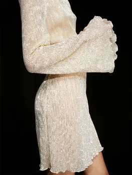 Женское мини-платье с длинными расклешенными рукавами и блестками, осеннее сексуальное облегающее прозрачное платье, женские шикарные облегающие платья, уличная одежда