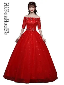 Свадебное платье Принцессы с цветочным узором, красное Свадебное платье Принцессы с вырезом лодочкой и коротким рукавом