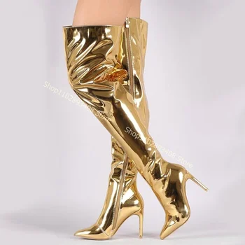 Золотые Сапоги до Колена из лакированной Кожи с острым носком, с боковой молнией, на высоком каблуке-шпильке, Женские Модные Ботинки Большого Размера 2023, Zapatos Para Mujere