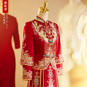 Классическая одежда для Тостов Свадебное платье в китайском стиле Cheongsam Свадебный костюм Восточная Невеста Винтажная вышивка Феникса Qipao
