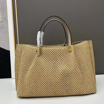 Женская плетеная сумка-тоут из лафитной соломы, высококачественный Модный дизайн, Большая сумка для покупок, холщовая кожаная сумка через плечо, сумка через плечо