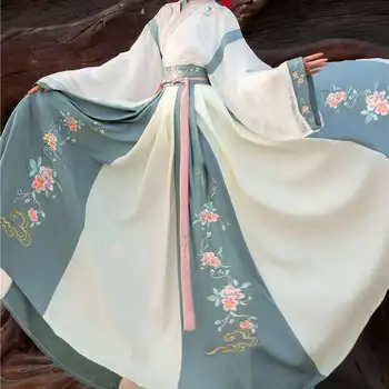 Вышитый женский костюм Hanfu, Весеннее новое синее платье с перекрестным воротником и длиной до талии, костюм Феи для косплея, Лоскутная старинная одежда