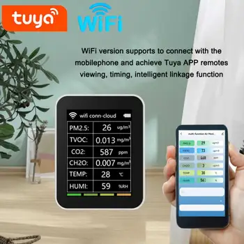 Tuya WiFi 6 В 1 Детектор качества воздуха Интеллектуальный PM2.5 TVOC CO2 CH2O Датчик температуры Влажности Многофункциональный Детектор