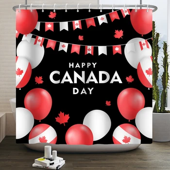 С Днем Канады Занавеска для душа Красные кленовые листья Воздушные шары Праздник Канадского национального дня Декор ванной комнаты с крючками Машинная стирка