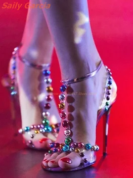 Босоножки со стразами и ремешками, разноцветные туфли на тонком высоком каблуке с Т-образным вырезом и круглым открытым носком, Летняя прозрачная Женская обувь 2023, Новое платье