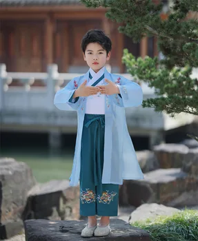 Древний традиционный костюм для детей, 3 шт., для мальчиков в китайском стиле, синее сценическое платье Hanfu, костюм для маленьких мальчиков Тан