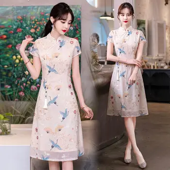 Винтажное китайское Традиционное женское платье Ципао на лето и Весну с коротким рукавом и принтом Журавля Cheongsam От S До 5XL
