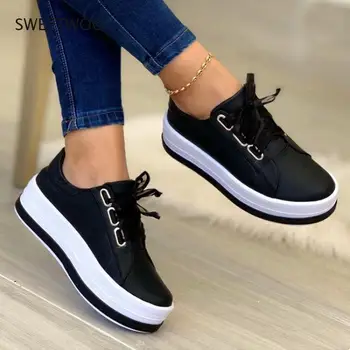 женская спортивная обувь, осень 2021, новая повседневная обувь на среднем каблуке с низким берцем, с круглым носком, однотонная обувь на платформе