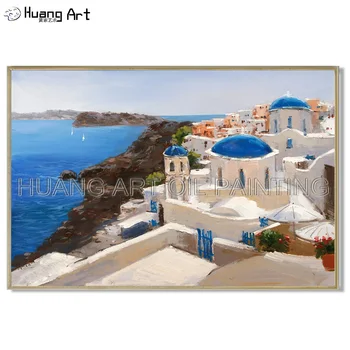 Картина маслом с пейзажем Санторини, Греция, ручная роспись художника, высококачественная картина маслом с Греческим Эгейским морем для декора гостиной