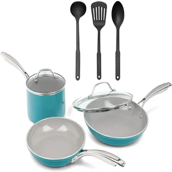 Набор посуды из 8 предметов, Набор кастрюль и сковородок с антипригарным керамическим покрытием-Голубой цвет