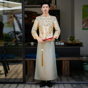Восточная Одежда Жениха Винтажное свадебное платье Ципао в китайском стиле с шампанским, расшитое блестками и бисером, свадебный костюм Чонсам