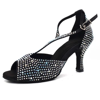 Черные туфли Evkoodance на среднем каблуке 7 см, атласные туфли для латиноамериканских танцев, атласные Профессиональные Туфли для латиноамериканских бальных танцев Для женщин