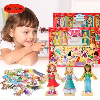 63 шт./компл., Деревянная магнитная одежда для девочек, переодевание, головоломка, развивающие игрушки-головоломки, набор игрушек для макияжа для детей, ролевые игры