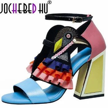 【JOCHEBED HU】 Новые дизайнерские туфли на высоком каблуке, летние босоножки с оборками и птичьим декором, вечерние босоножки со стразами на массивном каблуке, новинка, сандалии 33-44