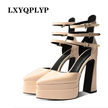 Новые брендовые римские сандалии из лакированной кожи с острым носком, женская летняя обувь на платформе и высоком толстом каблуке, пикантные женские вечерние туфли-лодочки