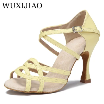 Женские туфли для латиноамериканских танцев WUXIJIAO, фиолетово-желтые туфли на высоком каблуке, широкий каблук 9 см, обувь для Сальсы, бальных латиноамериканских танцев