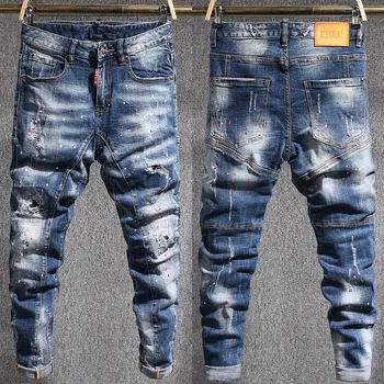Уличные модные мужские джинсы в стиле ретро, синие, стрейчевые, дизайнерские, облегающие байкерские джинсы, Рваные брюки в стиле хип-хоп, Мужские брюки с дырками