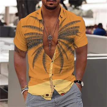Мужские рубашки, гавайские рубашки, рулеты из кокосовой пальмы, уменьшающие желтый цвет, 3D печать, пляжная повседневная одежда с короткими рукавами, модный дизайн