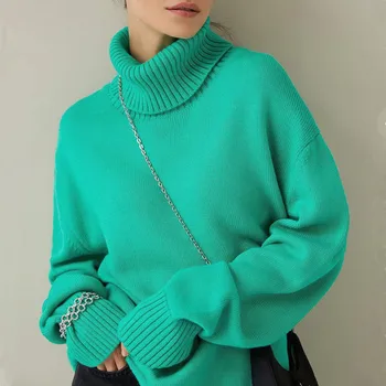 Женский свитер, пуловеры 2022, базовая зеленая водолазка, джемпер оверсайз, зимние толстые теплые вязаные свитера для женщин