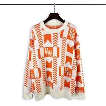 Оранжевый Жаккардовый свитер Rhude Для мужчин и женщин 1:1, Лучшее качество, Повседневные Новые Толстовки