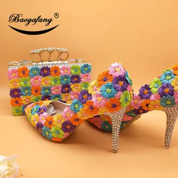 BaoYaFang/Женские свадебные туфли с сумками в тон; Комплекты туфель с острым носком и разноцветными цветами; комплекты сумок на тонком каблуке