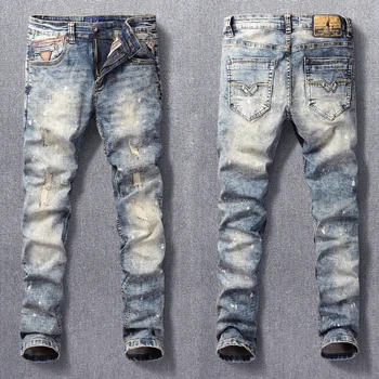 Уличная Мода, мужские Джинсы в стиле Ретро, серо-Синие Эластичные Тонкие Рваные джинсы, Мужские Раскрашенные Дизайнерские Винтажные Повседневные джинсовые брюки Hombre
