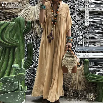 Кружевное вязаное крючком Макси-платье ZANZEA 2023, Богемный Женский Летний Сарафан, Плиссированный Халат с расклешенными рукавами Vestidos