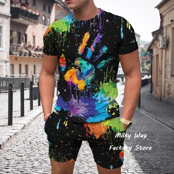 Мужской летний повседневный спортивный костюм, яркая футболка с художественной росписью, Комплект шорт, Модный спортивный костюм для бега, мужская уличная одежда