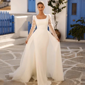 Сексуальное свадебное платье Русалки для выпускного вечера, сшитое по индивидуальным меркам, Платья длиной до пола, Белое вечернее платье из атласа с длинным рукавом, съемный шлейф