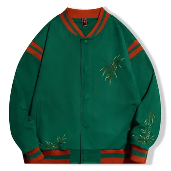 Мужская Замшевая Куртка с вышивкой из зеленых листьев Бамбука, Однобортное пальто, Бейсбольная Верхняя Одежда, Топы