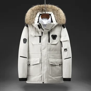 Мужская Зимняя пуховая куртка, пальто, Мужская пуховая куртка с меховым воротником, Утепленная куртка на белом утином пуху, Ветрозащитная Теплая Повседневная одежда, Верхняя одежда
