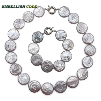 Изумительное ожерелье и браслет из крупного жемчуга в стиле барокко, серый цвет, 22 мм, культивированный жемчуг, круглая монета, плоская форма, элегантный для женщин