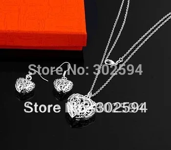 925 Бесплатная доставка серебряный цвет шарм сердце модные милые серьги ожерелье набор ювелирных изделий лучший Рождественский подарок