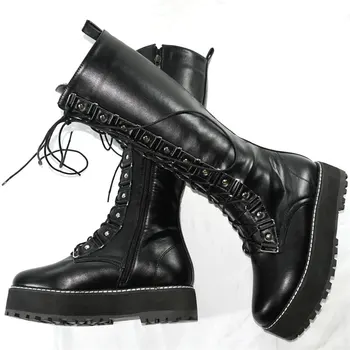 Женские мотоциклетные ботинки на среднем каблуке со шнуровкой в готическом стиле, женские зимние туфли-лодочки на платформе с круглым носком, повседневная обувь