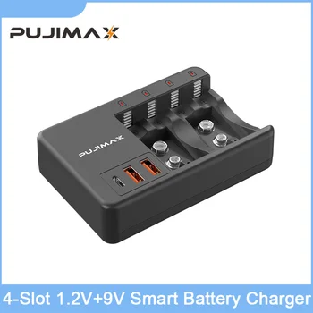 PUJIMAX 4-Слотное Умное Зарядное устройство 1,2 В + 9 В Со светодиодным индикатором, Кабель переменного тока для зарядки, Умная Быстрая Зарядка Аккумуляторной батареи