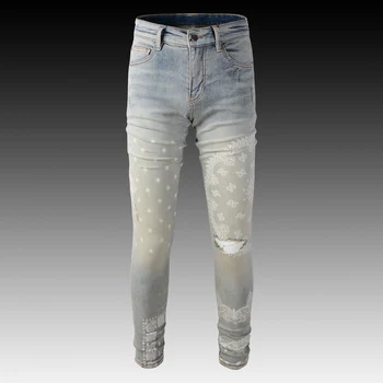 Уличная Одежда, Модные Брендовые мужские джинсы, Ретро Эластичные облегающие Рваные джинсы, Мужские Дизайнерские джинсовые брюки в стиле хип-хоп, панк, Hombre