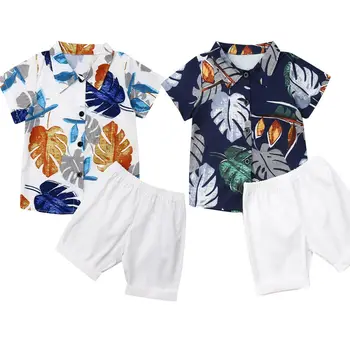 Мягкая подкладка, 2 шт./компл., одежда для маленьких мальчиков, рубашка с Гавайским принтом + однотонные короткие брюки, костюм джентльмена