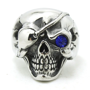 Горячее предложение!!!!!!!!Модное мужское кольцо из нержавеющей стали 316L с крутым одноглазым черепом с синим камнем высшего качества
