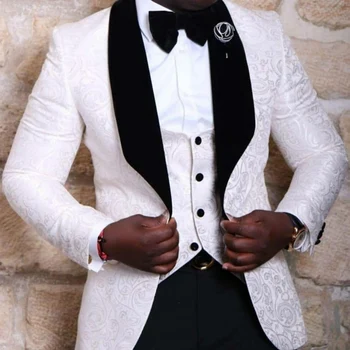 Приталенные повседневные мужские костюмы из 3 предметов, жаккардовый белый Смокинг Жениха с цветочным рисунком и черными брюками, модный мужской костюм в африканском стиле на заказ, куртка