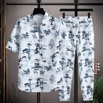 (Рубашка + брюки) 2023 летняя мужская рубашка из ледяной шелковой ткани с коротким рукавом, мужские повседневные рубашки с эластичным поясом, мужской костюм-двойка M-5XL
