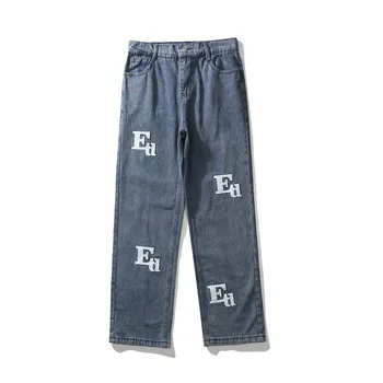 Ретро Нашивка с вышивкой букв, Застиранные Старые мужские джинсовые брюки Y2K, Прямые джинсовые брюки Оверсайз, Свободные Уличные брюки