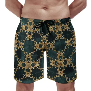 Золотые шорты с цветочным принтом в стиле барокко Плюс Размер Пляжных брюк Винтажный принт Мужские Плавки Классические