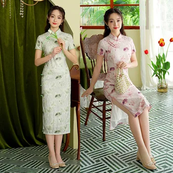 Летнее китайское женское платье Чонсам с коротким рукавом и принтом восточного лотоса, воротник-стойка, длинное Ципао