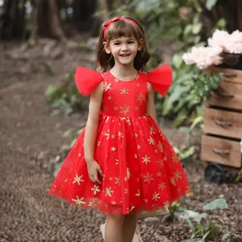 Красные рождественские платья для девочек в западном стиле, детское пышное платье со снежинками для маленьких девочек, платье на день рождения для 2-10 лет