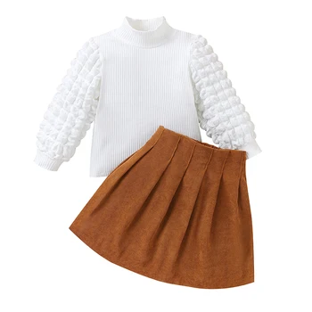 Одежда для маленьких девочек из 2 предметов, юбка, топы в рубчик с попкорном и длинными рукавами, Вельветовая мини-юбка, осенне-зимние наряды