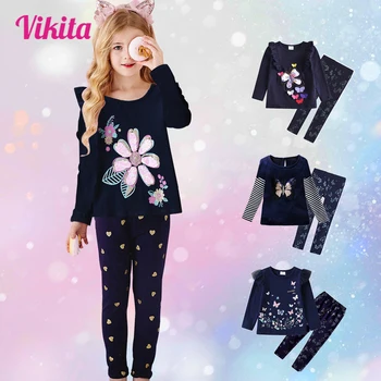 Комплекты одежды VIKITA для девочек, детские футболки с бабочками + брюки, леггинсы, детская осенне-весенняя одежда, черные комплекты