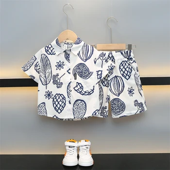Летняя одежда для мальчиков, Блузка + Короткий костюм для мальчиков, Повседневный стиль, комплект для мальчиков, спортивный костюм для малышей