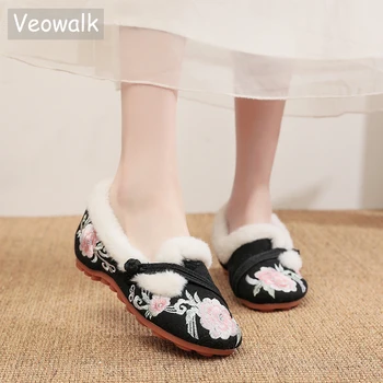 Veowalk/ зимние женские теплые туфли на плоской подошве с подкладкой из искусственного меха, легкие, мягкие, удобные, не скользкие балетки без застежек с китайской вышивкой