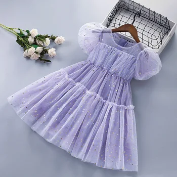 2023 Новое Летнее платье принцессы с пышными рукавами, Сетчатое платье с блестящим рисунком, Детское платье, Детская одежда для 4-7 лет