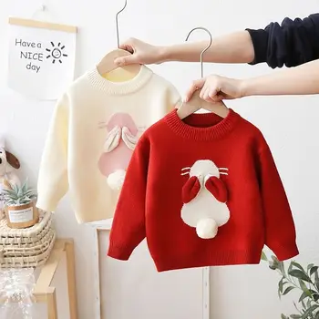 Осенне-зимняя детская одежда для девочек, плюшевый детский вязаный утолщенный свитер с кроликом